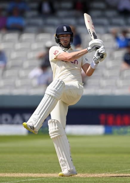 Ollie Robinson of England hits runs during Day 4 of the First LV= Insurance Test Match between England and New Zealand at Lord's Cricket Ground on...