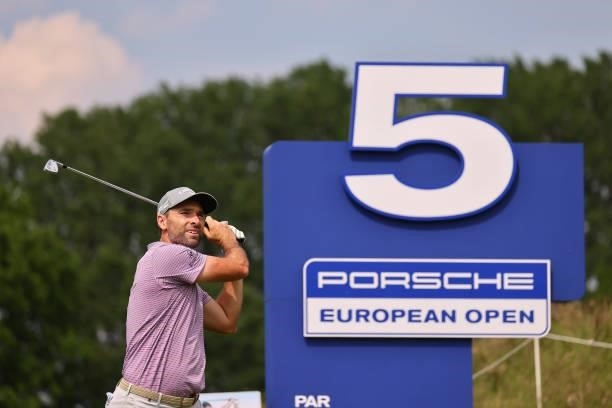 Oliver Wilson of England tees off on the fifth hole during the first round of the Porsche European Open at Green Eagle Golf Course on June 05, 2021...