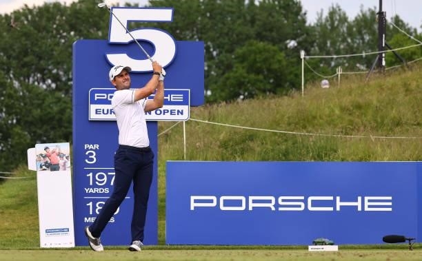 Mortitz Lampert of Germany tees off on the fifth hole during the first round of the Porsche European Open at Green Eagle Golf Course on June 05, 2021...