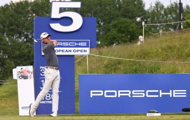Joakim Lagergren of Sweden tees off on the fifth hole during the first round of the Porsche European Open at Green Eagle Golf Course on June 05, 2021...