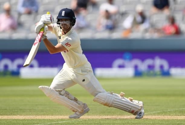 Rory Burns of England hits runs during Day 4 of the First LV= Insurance Test Match between England and New Zealand at Lord's Cricket Ground on June...