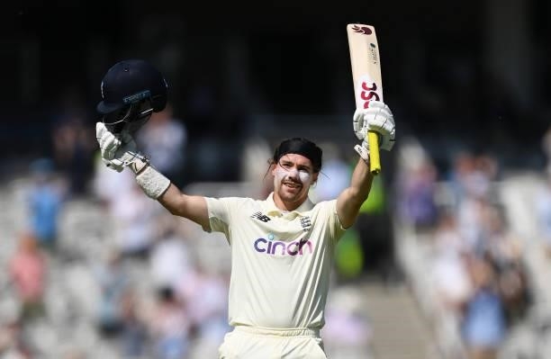 Rory Burns of England celebrates reaching his century during Day 4 of the First LV= Insurance Test Match between England and New Zealand at Lord's...