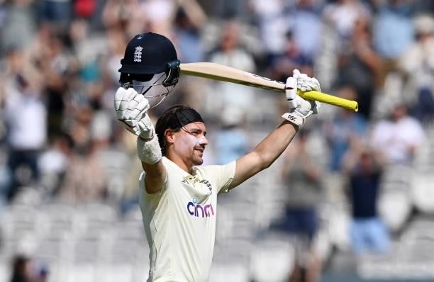Rory Burns of England celebrates reaching his century during Day 4 of the First LV= Insurance Test Match between England and New Zealand at Lord's...