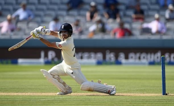 Rory Burns of England drives during Day 4 of the First LV= Insurance Test Match between England and New Zealand at Lord's Cricket Ground on June 05,...