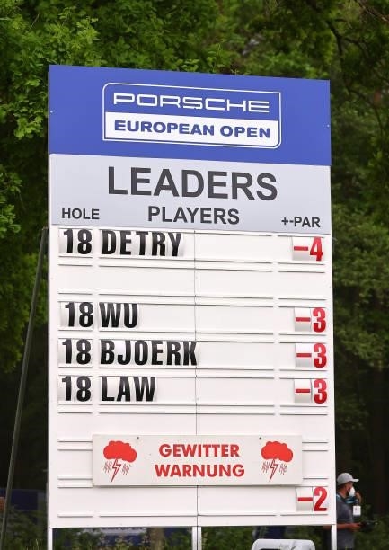 The on course leaders boards display the delay in play due to the threat of lightening during the first round of the Porsche European Open at Green...
