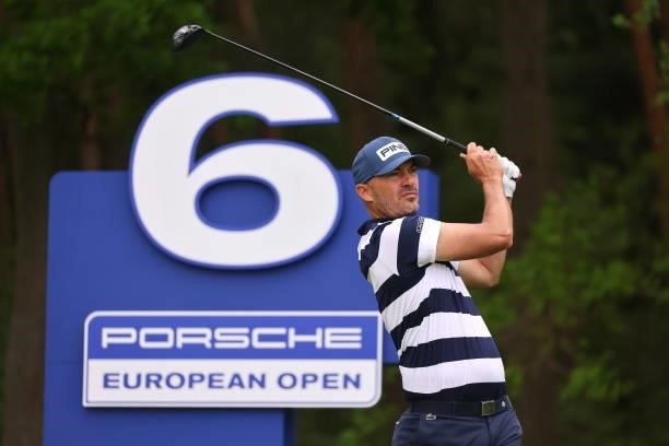Gregory Havret of France tees off on the sixth hole during the first round of the Porsche European Open at Green Eagle Golf Course on June 05, 2021...