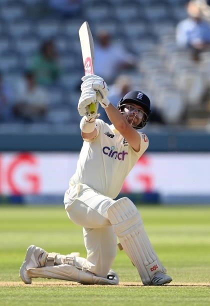 Rory Burns of England hits a six during Day 4 of the First LV= Insurance Test Match between England and New Zealand at Lord's Cricket Ground on June...