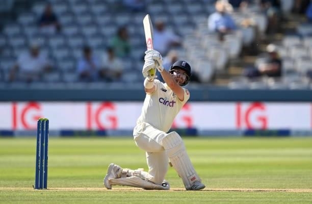 Rory Burns of England hits a six during Day 4 of the First LV= Insurance Test Match between England and New Zealand at Lord's Cricket Ground on June...