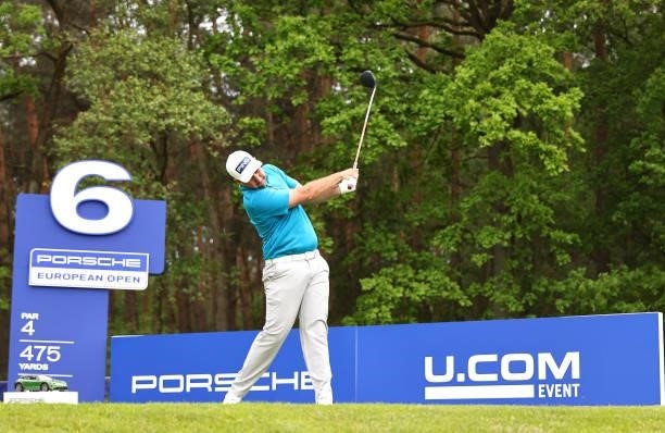 Oliver Farr of Wales tees off on the sixth hole during the first round of the Porsche European Open at Green Eagle Golf Course on June 05, 2021 in...