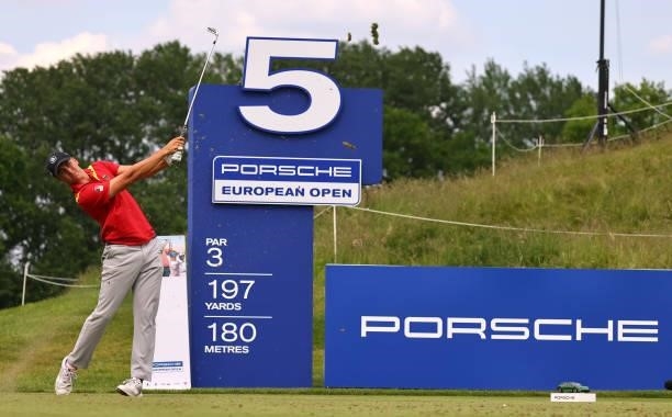 Marc Hammer of Germany tees off on the fifth hole during the first round of the Porsche European Open at Green Eagle Golf Course on June 05, 2021 in...