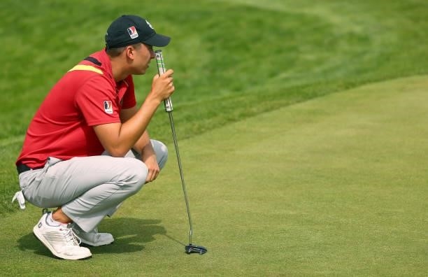 Marc Hammer of Germany putts on the fourth green during the first round of the Porsche European Open at Green Eagle Golf Course on June 05, 2021 in...