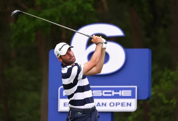 Robin Roussel of France tees off on the sixth hole during the first round of the Porsche European Open at Green Eagle Golf Course on June 05, 2021 in...