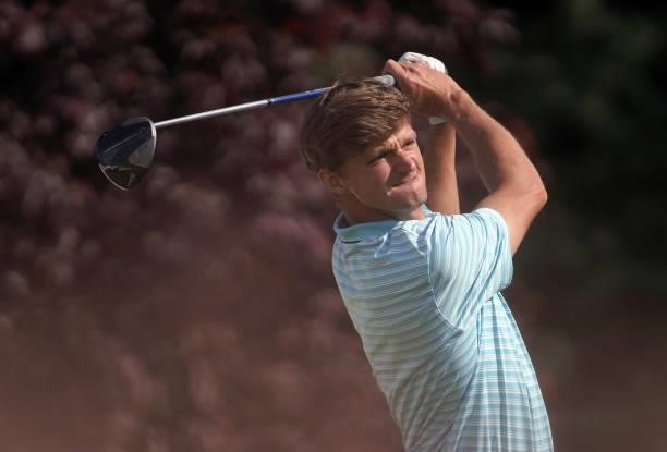Mateusz Gradecki of Poland in action during Day Three of the D+D REAL Czech Challenge at Golf & Spa Kuneticka Hora on June 05, 2021 in Dritec, Hradec...