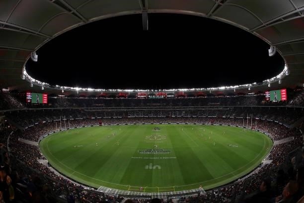 General view of play during the round 12 AFL match between the Essendon Bombers and the Richmond Tigers at Optus Stadium on June 05, 2021 in Perth,...