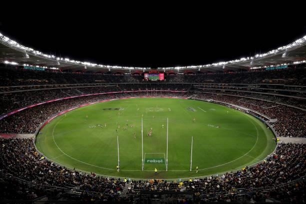 General view of play during the round 12 AFL match between the Essendon Bombers and the Richmond Tigers at Optus Stadium on June 05, 2021 in Perth,...
