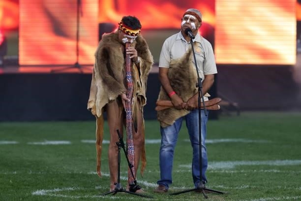 The Welcome to Country is performed during the round 12 AFL match between the Essendon Bombers and the Richmond Tigers at Optus Stadium on June 05,...