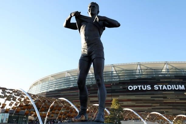 The Nicky Winmar statue is seen before the round 12 AFL match between the Essendon Bombers and the Richmond Tigers at Optus Stadium on June 05, 2021...
