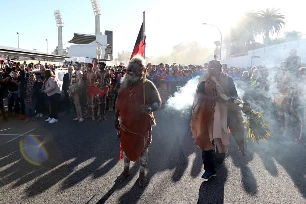 Indigenous elders prepare to start the the Long Walk from the WACA to Optus Stadium during the round 12 AFL match between the Essendon Bombers and...