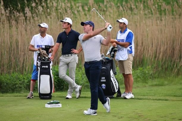 Julien Guerrier of France tees off on the fifth hole during the first round of the Porsche European Open at Green Eagle Golf Course on June 05, 2021...