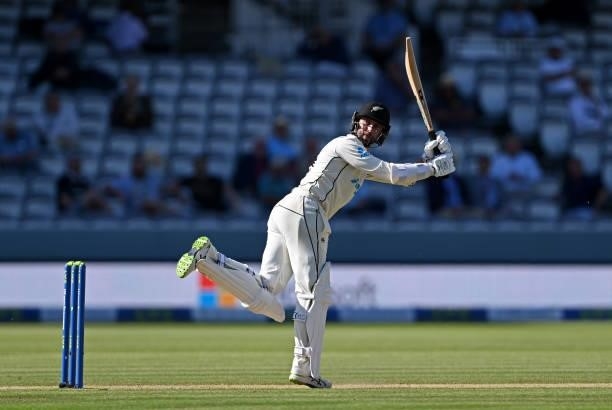 Devon Conway of New Zealand hits off his legs during Day 4 of the First LV= Insurance Test Match between England and New Zealand at Lord's Cricket...