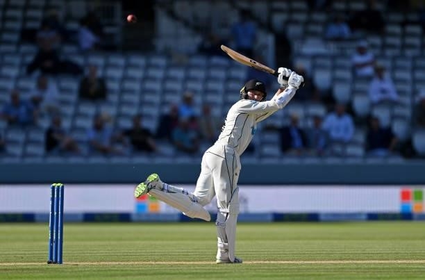 Devon Conway of New Zealand hits off his legs during Day 4 of the First LV= Insurance Test Match between England and New Zealand at Lord's Cricket...