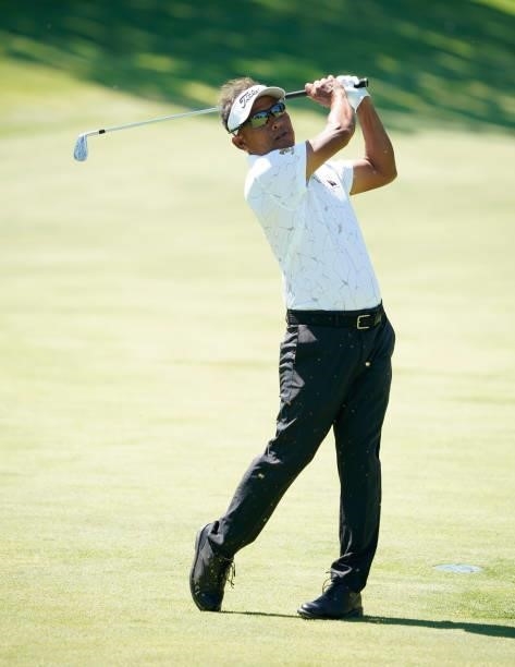 Thongchai Jaidee of Thailand hits from the first fairway during the second round of the Principal Charity Classic at Wakonda Club on June 05, 2021 in...