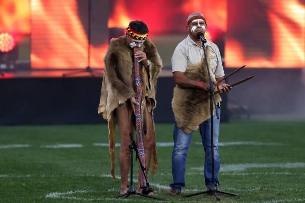 The Welcome to Country is performed during the round 12 AFL match between the Essendon Bombers and the Richmond Tigers at Optus Stadium on June 05,...