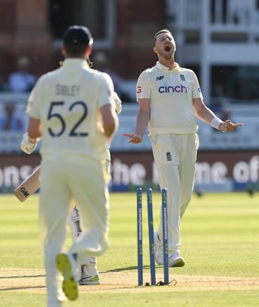 Ollie Robinson of England celebrates after dismissing Devon Conway of New Zealand during Day 4 of the First LV= Insurance Test match between England...