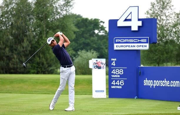 Ajeetesh Sandhu of India tees off on the fourth hole during the first round of the Porsche European Open at Green Eagle Golf Course on June 05, 2021...