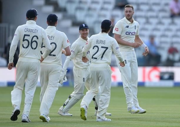 Ollie Robinson of England celebrates after dismissing Kane Williamson of New Zealand during Day 4 of the First LV= Insurance Test match between...