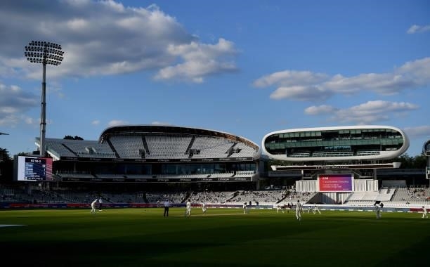 General view of play during Day 4 of the First LV= Insurance Test Match between England and New Zealand at Lord's Cricket Ground on June 05, 2021 in...