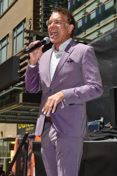 Brian Stokes Mitchell speaks at Let’s Get This Show on the Street: New 42 Celebrates Arts Education on 42nd Street on June 05, 2021 in Times Square...