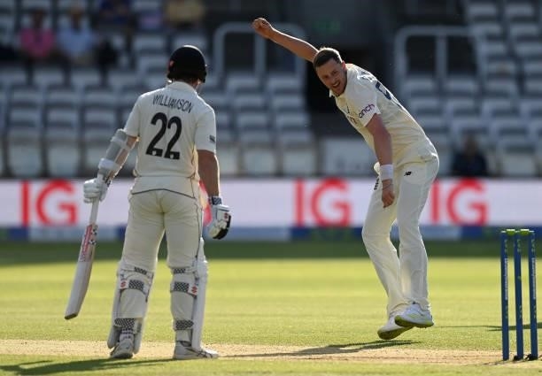 Ollie Robinson of England celebrates taking the wicket of Kane Williamson of New Zealand which later overturned by a DRS review during Day 4 of the...