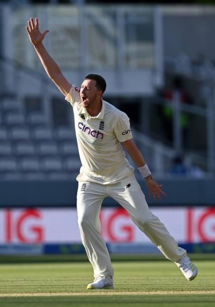 Ollie Robinson of England appeals during Day 4 of the First LV= Insurance Test Match between England and New Zealand at Lord's Cricket Ground on June...