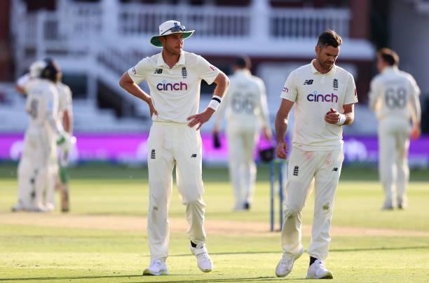 Stuart Broad of England speaks to James Anderson during Day 4 of the First LV= Insurance Test Match between England and New Zealand at Lord's Cricket...