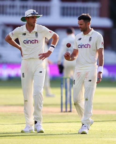 Stuart Broad of England speaks to James Anderson during Day 4 of the First LV= Insurance Test Match between England and New Zealand at Lord's Cricket...