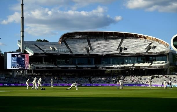 General view of play during Day 4 of the First LV= Insurance Test Match between England and New Zealand at Lord's Cricket Ground on June 05, 2021 in...