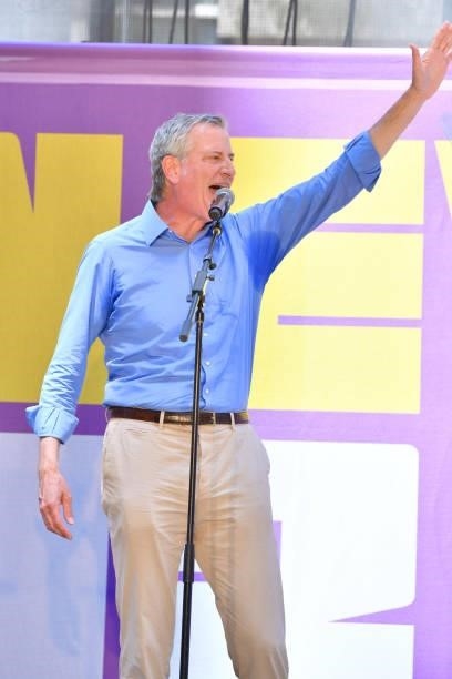 New York City Mayor Bill de Blasio speaks at Let’s Get This Show on the Street: New 42 Celebrates Arts Education on 42nd Street on June 05, 2021 in...