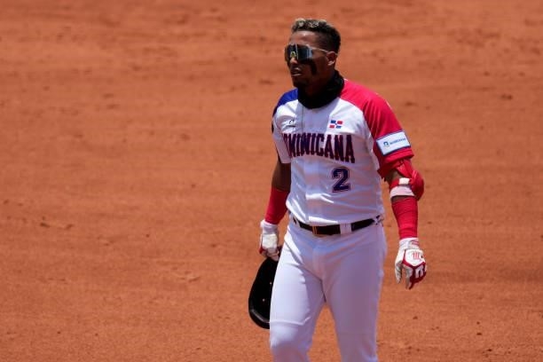 Gustavo Núñez of Dominican Republic reacts after missing a hit in the second inning against Canada during the WBSC Baseball Americas Qualifier Super...