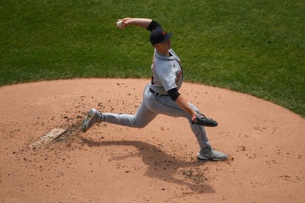 Tarik Skubal of the Detroit Tigers pitches in the first inning against the Chicago White Sox at Guaranteed Rate Field on June 05, 2021 in Chicago,...