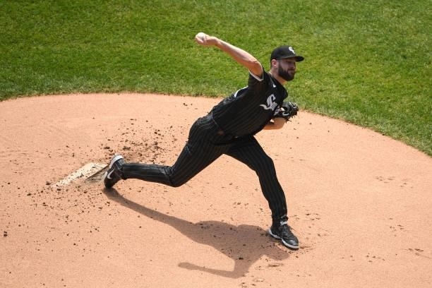 Lucas Giolito of the Chicago White Sox pitches in the first inning against the Detroit Tigers at Guaranteed Rate Field on June 05, 2021 in Chicago,...