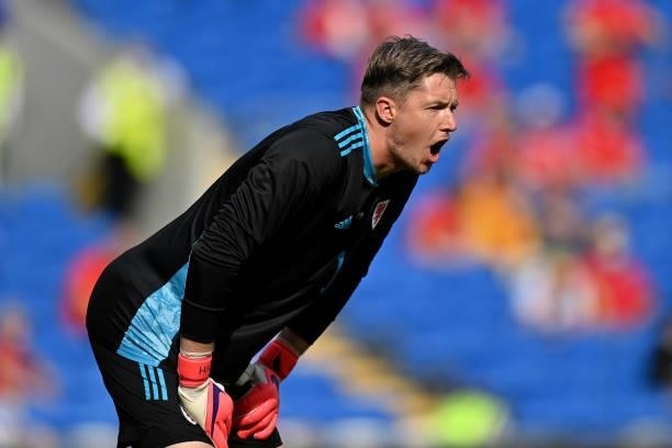 Wayne Hennessey of Wales reacts during the international friendly match between Wales and Albania at Cardiff City Stadium on June 05, 2021 in...