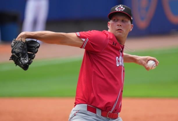 Evan Rutckyj of Canada delivers a pitch in the seventh inning against the Dominican Republic during the WBSC Baseball Americas Qualifier Super Round...