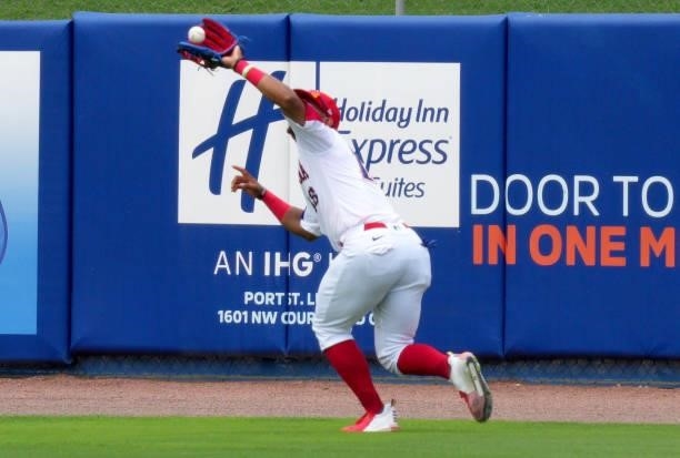 Julio Rodríguez of Dominican Republic makes the catch for the out in the eighth inning against Canada during the WBSC Baseball Americas Qualifier...