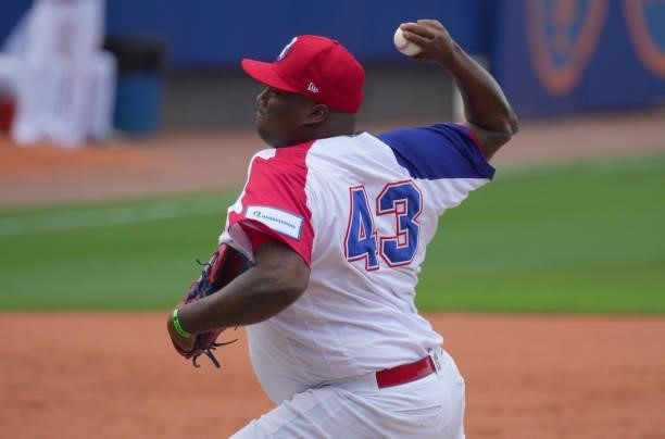José Díaz of Dominican Republic delivers a pitch in the seventh inning against Canada during the WBSC Baseball Americas Qualifier Super Round at...