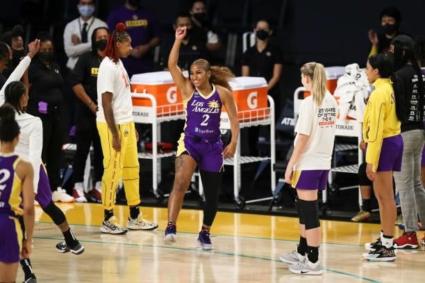 Te'a Cooper of the Los Angeles Sparks is introduced before the game against the Chicago Sky at Los Angeles Convention Center on June 05, 2021 in Los...