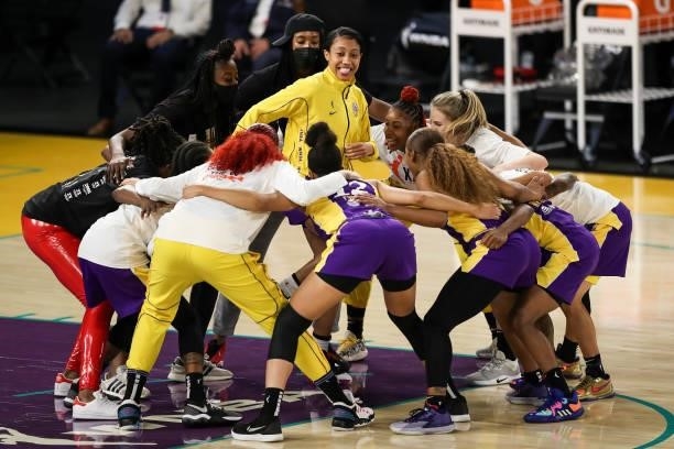 The Los Angeles Sparks huddle before the game against the Chicago Sky at Los Angeles Convention Center on June 05, 2021 in Los Angeles, California....