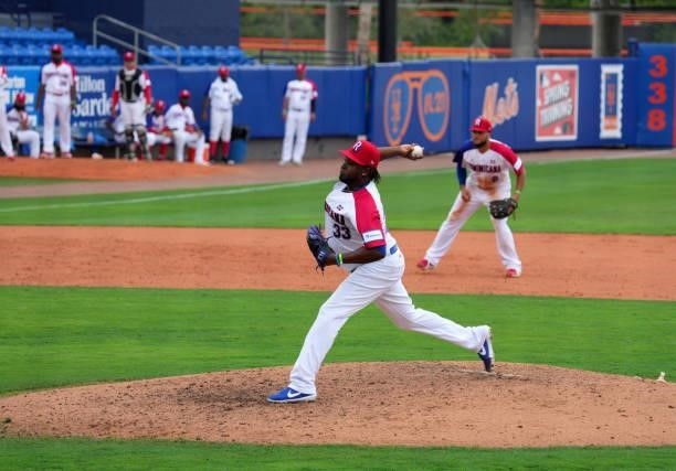 Jairo Ascencio of Dominican Republic delivers a pitch in the ninth inning against Canada during the WBSC Baseball Americas Qualifier Super Round at...