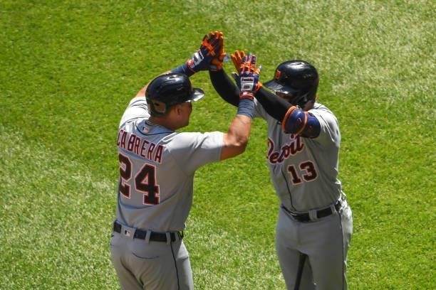 Miguel Cabrera and Eric Haase of the Detroit Tigers celebrate after the home run in the sixth inning against the Chicago White Sox at Guaranteed Rate...