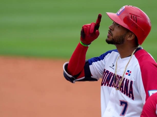 Luís Liberato of Dominican Republic reacts after hitting a single in the eighth inning against Canada during the WBSC Baseball Americas Qualifier...